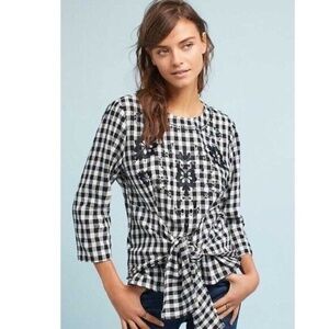 NWT!! Anthropologie SEEN WORN KEPT Black & White Gingham Top Embroidered Size 4